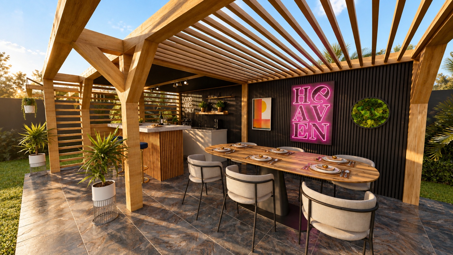 Visuel 3D photoréaliste d’une pergola en bois avec espace repas extérieur